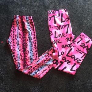 Two pairs of multi colored leggings